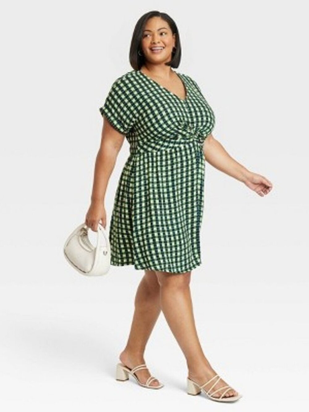 Ava & Viv Gingham Twist Front Midi Dress Green Check Plus Size 1X POCKETS
